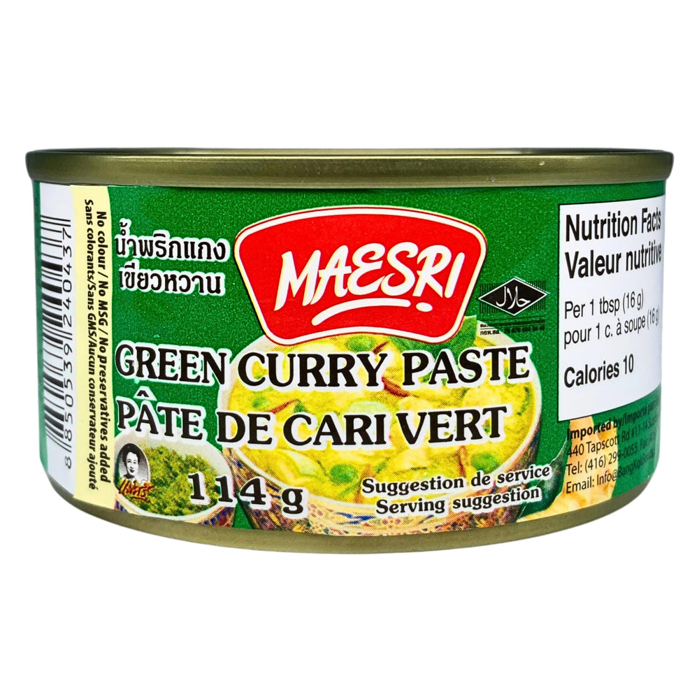 Maesri Thai Green Curry Paste bottle for quick, authentic flavor.