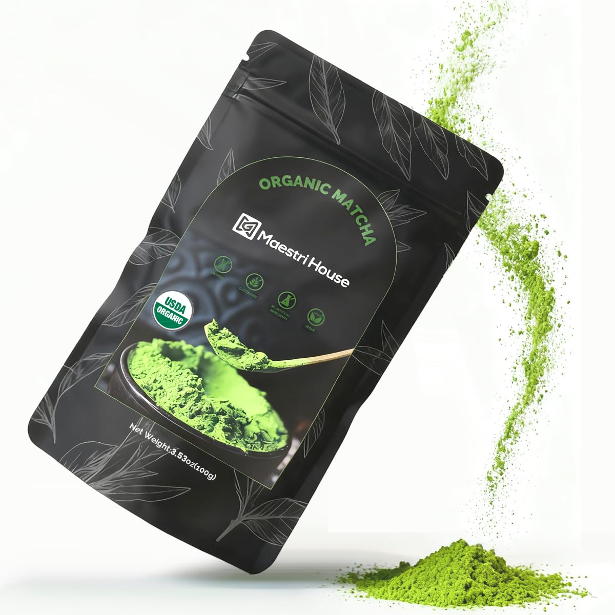 Maestri House Premium Matcha jar with vibrant green powder for tea and recipes