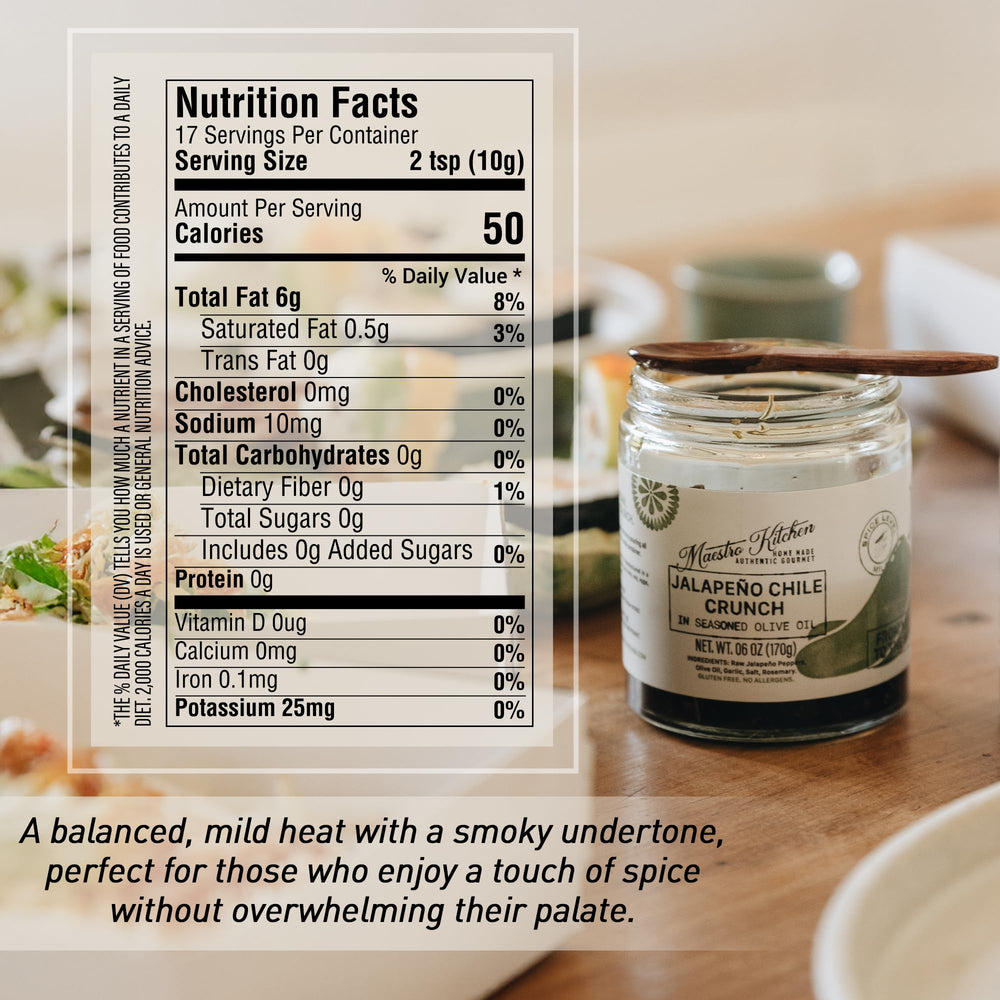 MAESTRO KITCHEN Jalapeno Chile Crunch jar closeup showing fresh ingredients and texture