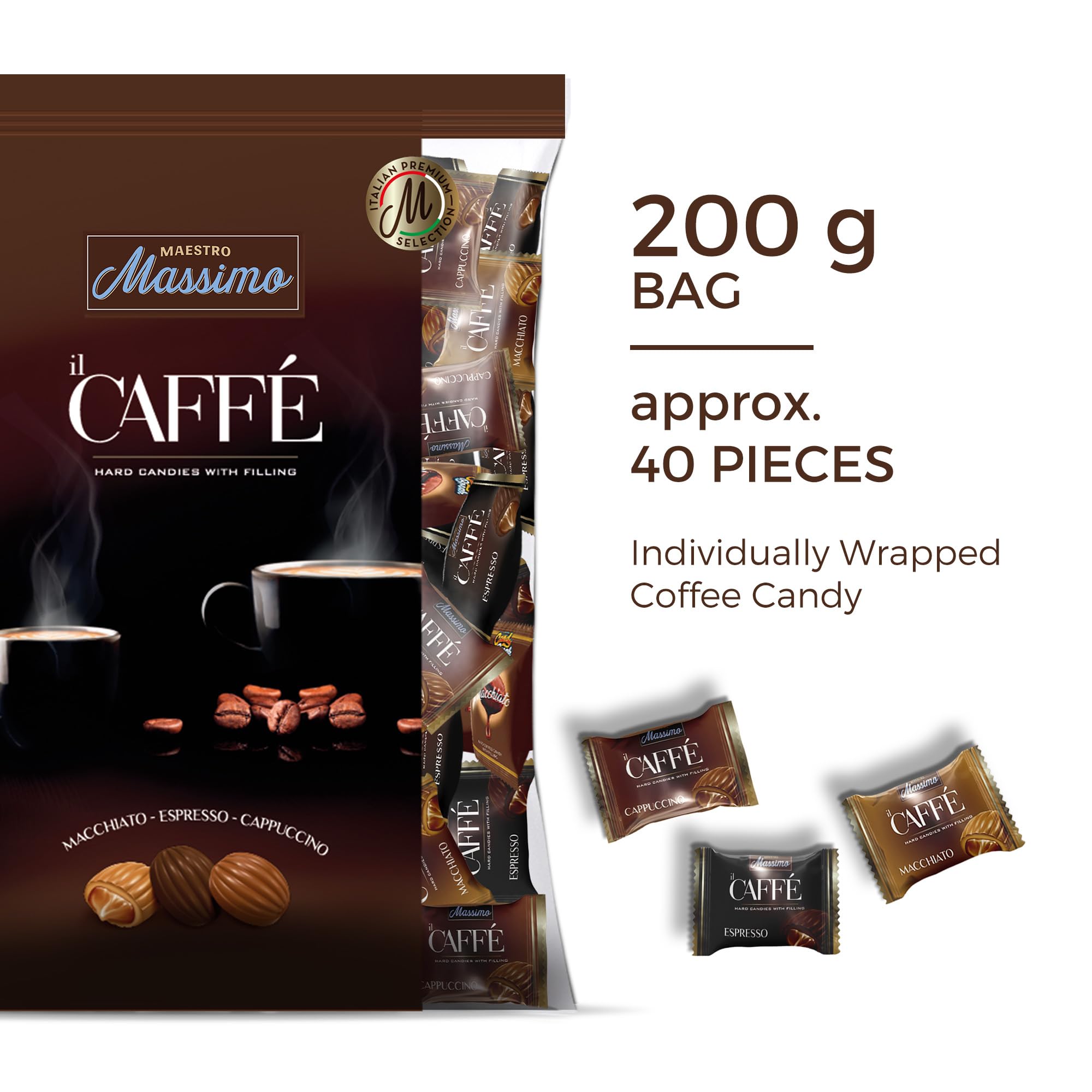Maestro Massimo Cappuccino candy close view, refined coffee flavor.