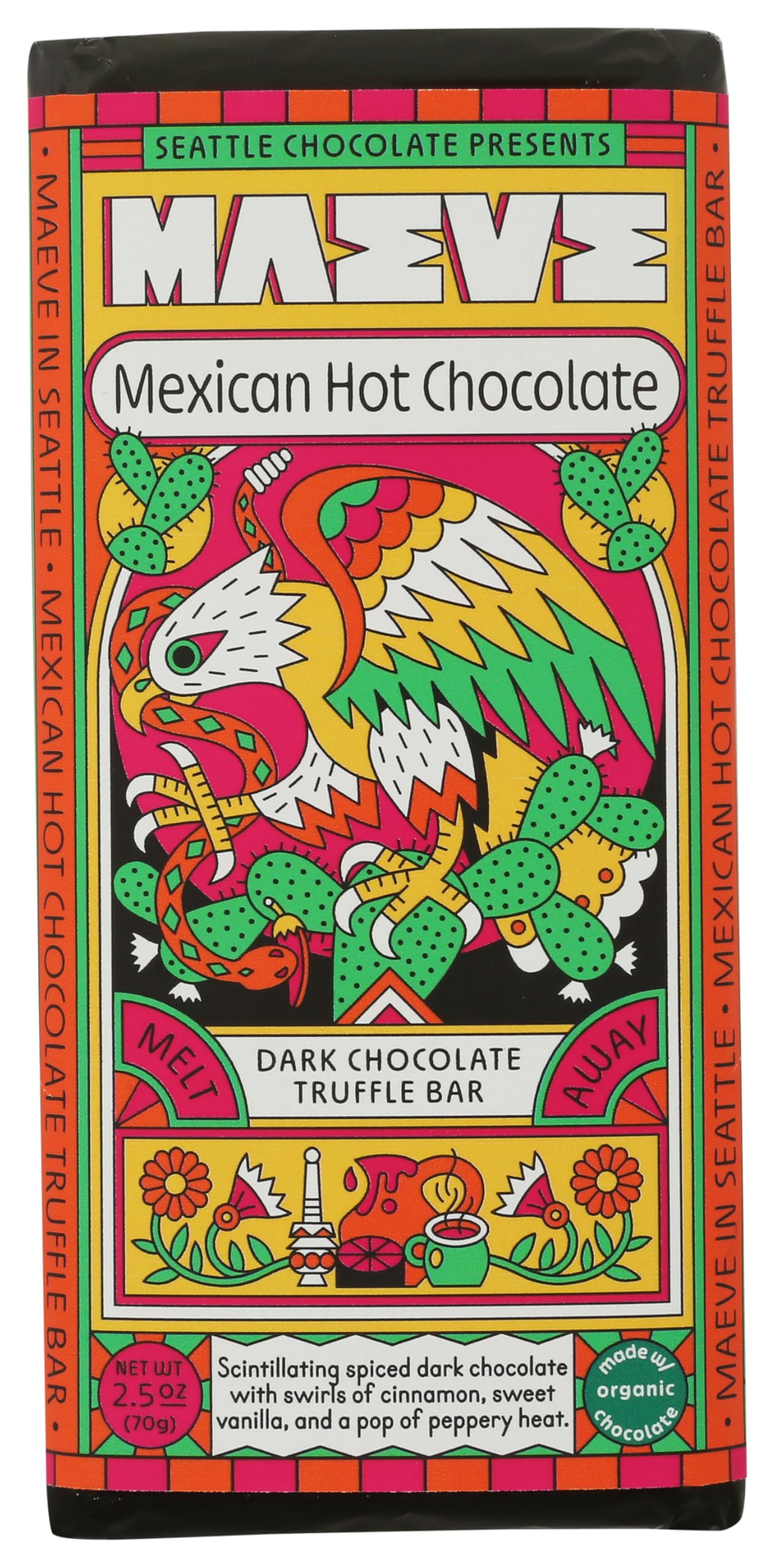 Maeve Mexican Hot Chocolate Truffle Bar pack shot, rich cocoa and creamy center for a decadent treat