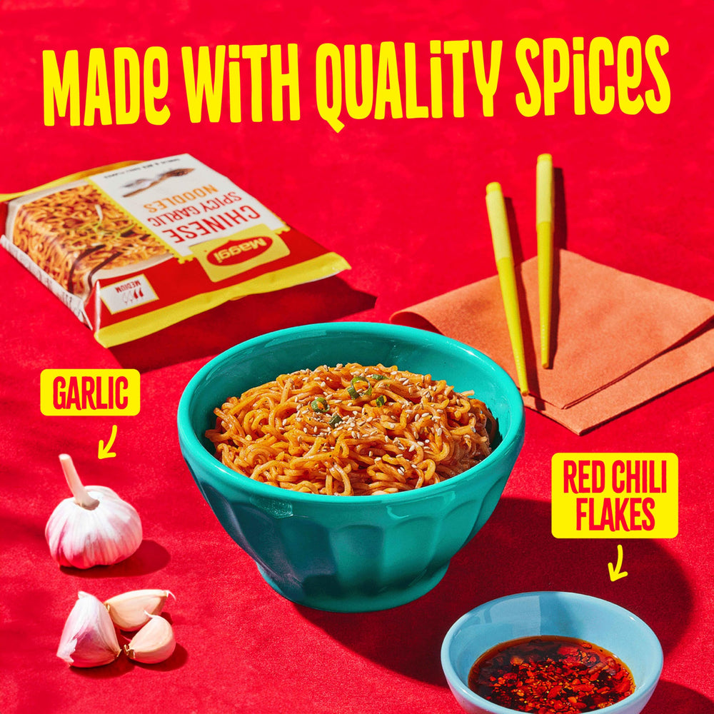 Maggi Chinese Spicy Garlic Noodles bowl-closeup, vibrant chili and garlic in action