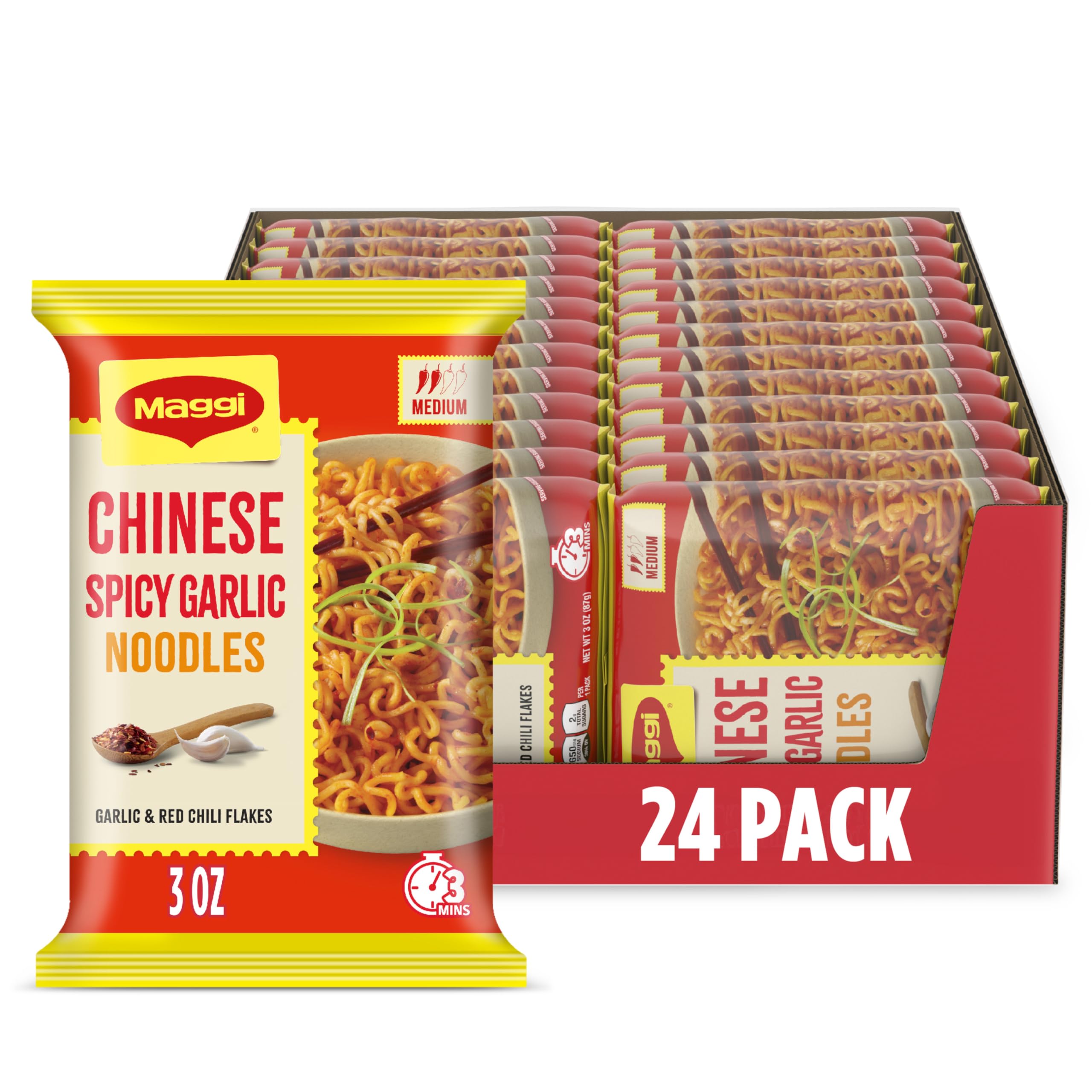 Maggi Chinese Spicy Garlic Noodles pack—vibrant noodles ready in minutes for busy weeknights.