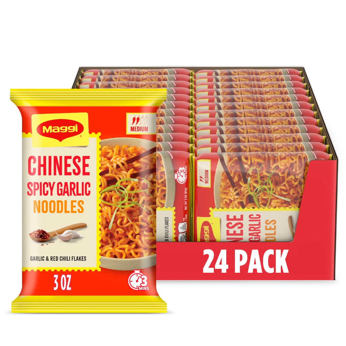Maggi Chinese Spicy Garlic Noodles pack—vibrant noodles ready in minutes for busy weeknights.