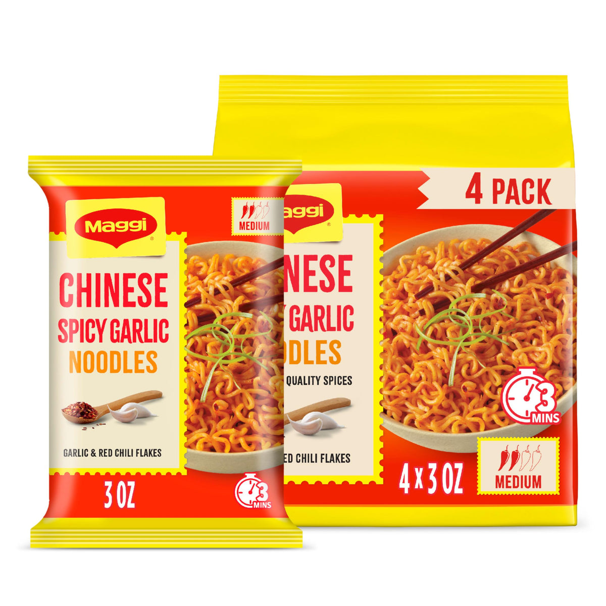 Maggi Chinese Spicy Garlic Noodles steaming-bowl, quick meal base for busy weeknights
