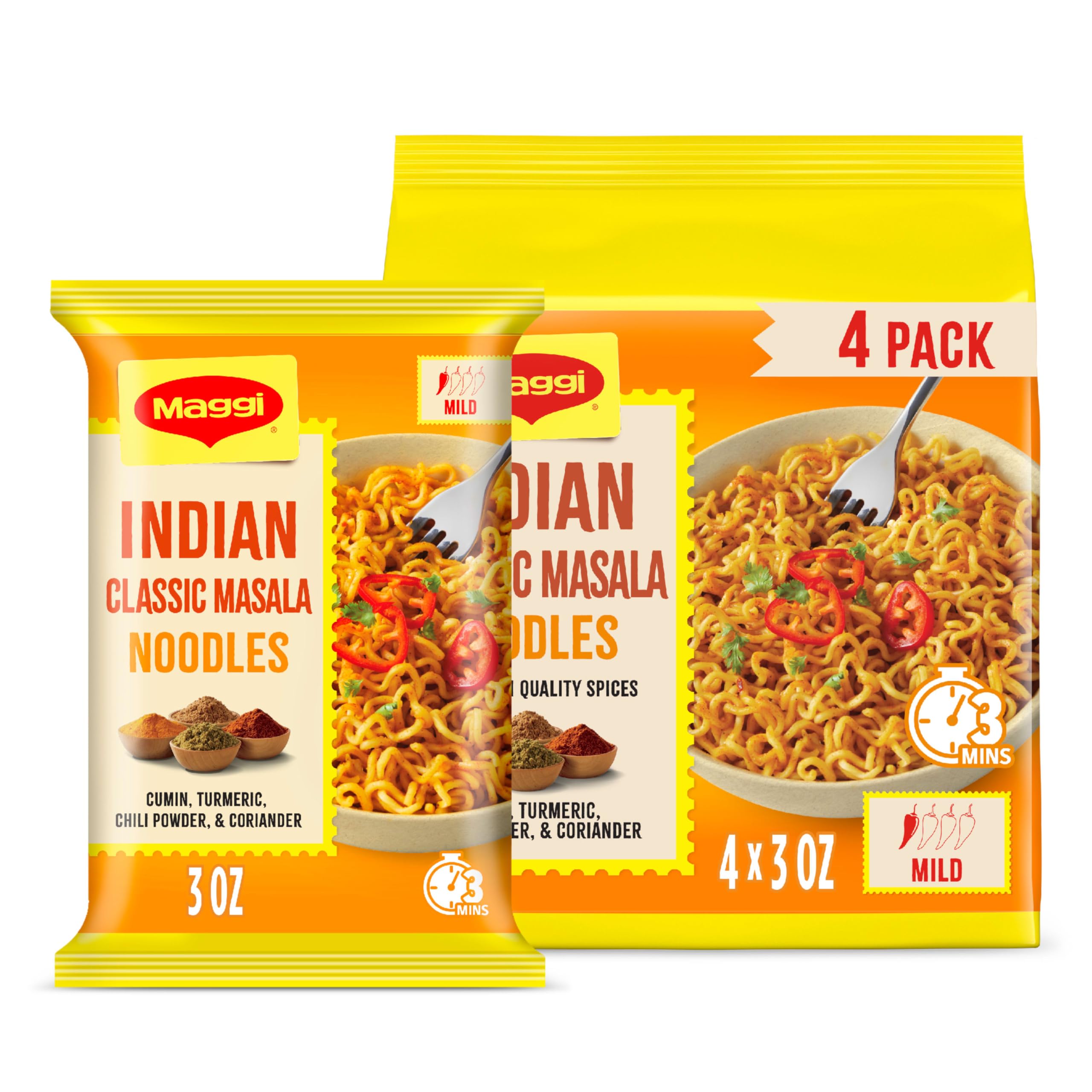 Maggi Classic Indian Masala noodles in pack offer bold flavor for quick meals