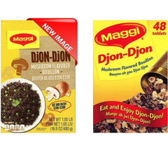 Maggi Djon Djon bouillon cubes 48-pack on a kitchen counter, Caribbean flavor ready.