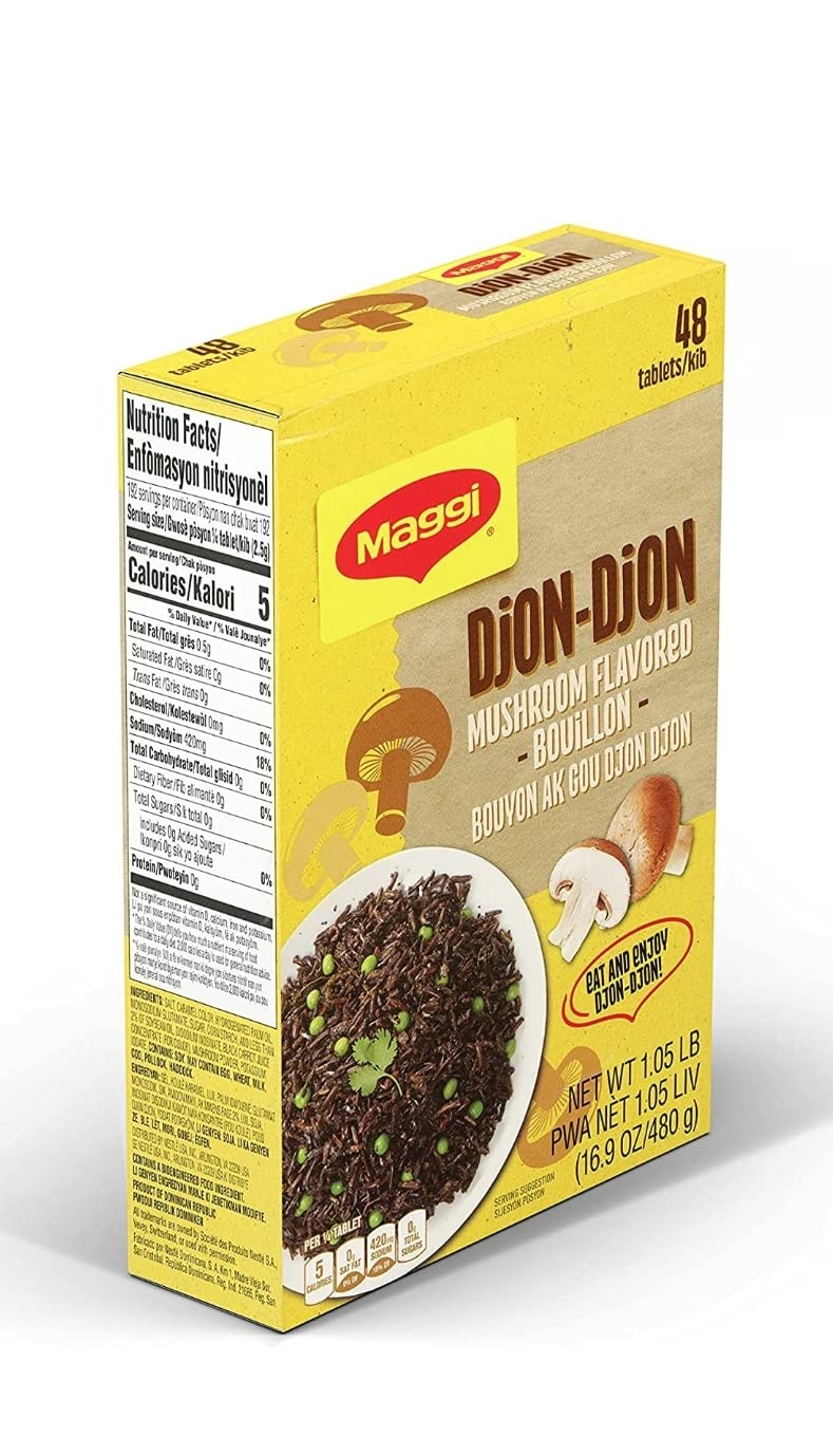 Maggi Djon Djon bouillon cubes used to flavor rice djondjon in Caribbean cooking.