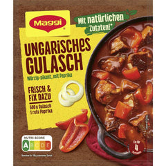 Maggi fix & fresh Hungarian stew four-pack, ready-to-use seasoning for quick, flavorful meals.