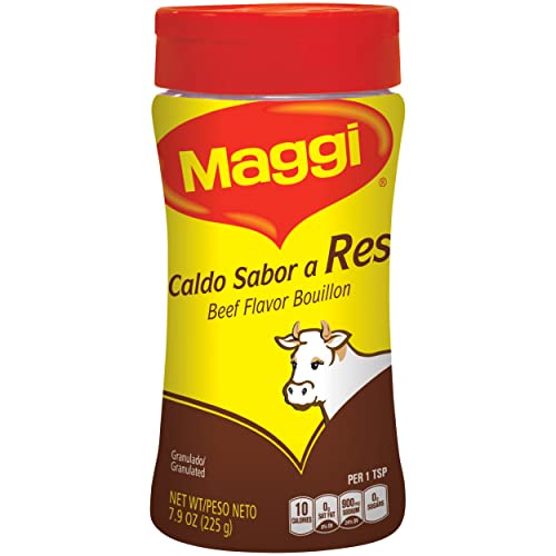 Maggi Granulated Beef Flavor Bouillon bottle enhances soups with rich beef flavor.