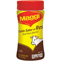 Maggi Granulated Beef Flavor Bouillon bottle enhances soups with rich beef flavor.