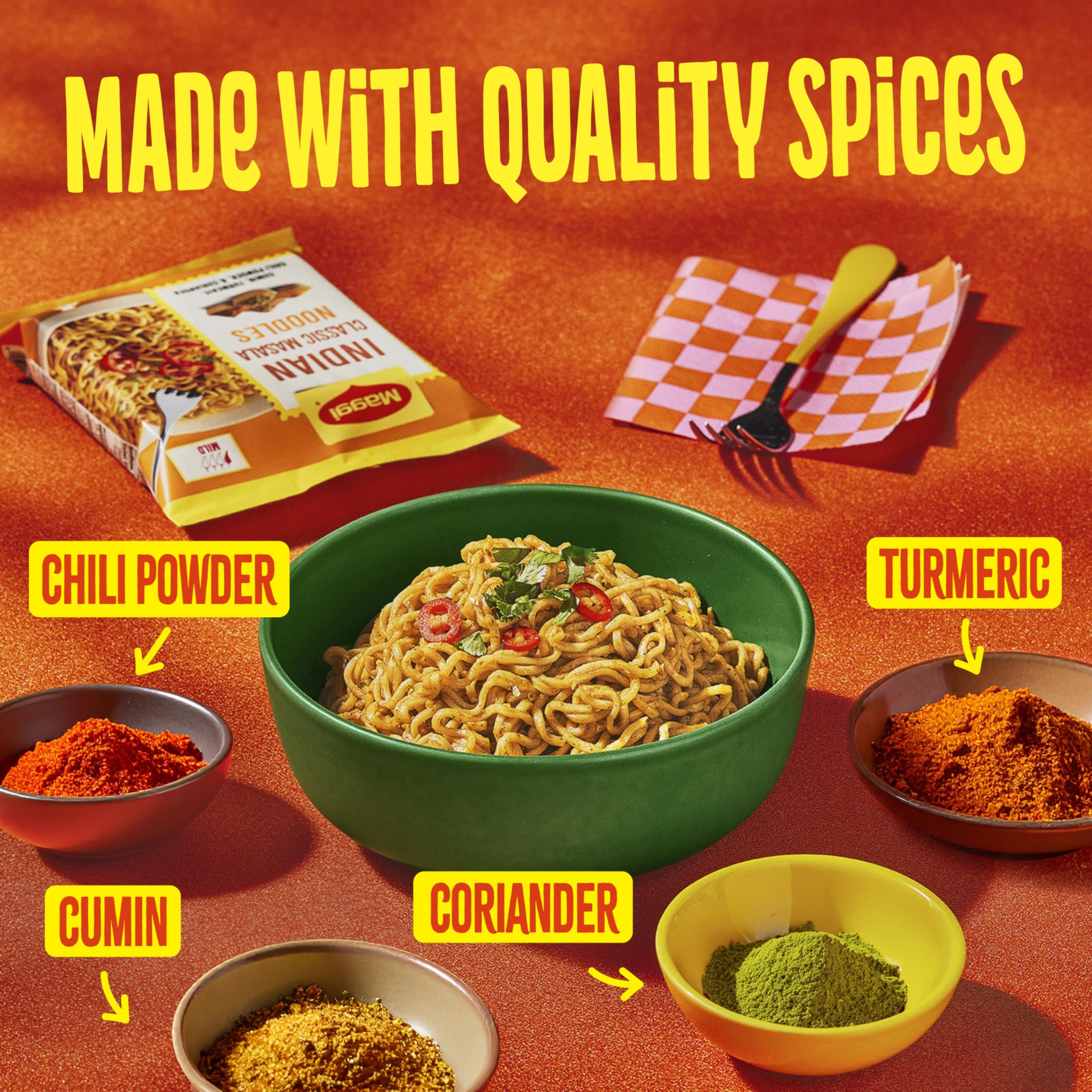 Maggi Indian Classic Masala noodles with veggies imply customizable protein and veg additions.
