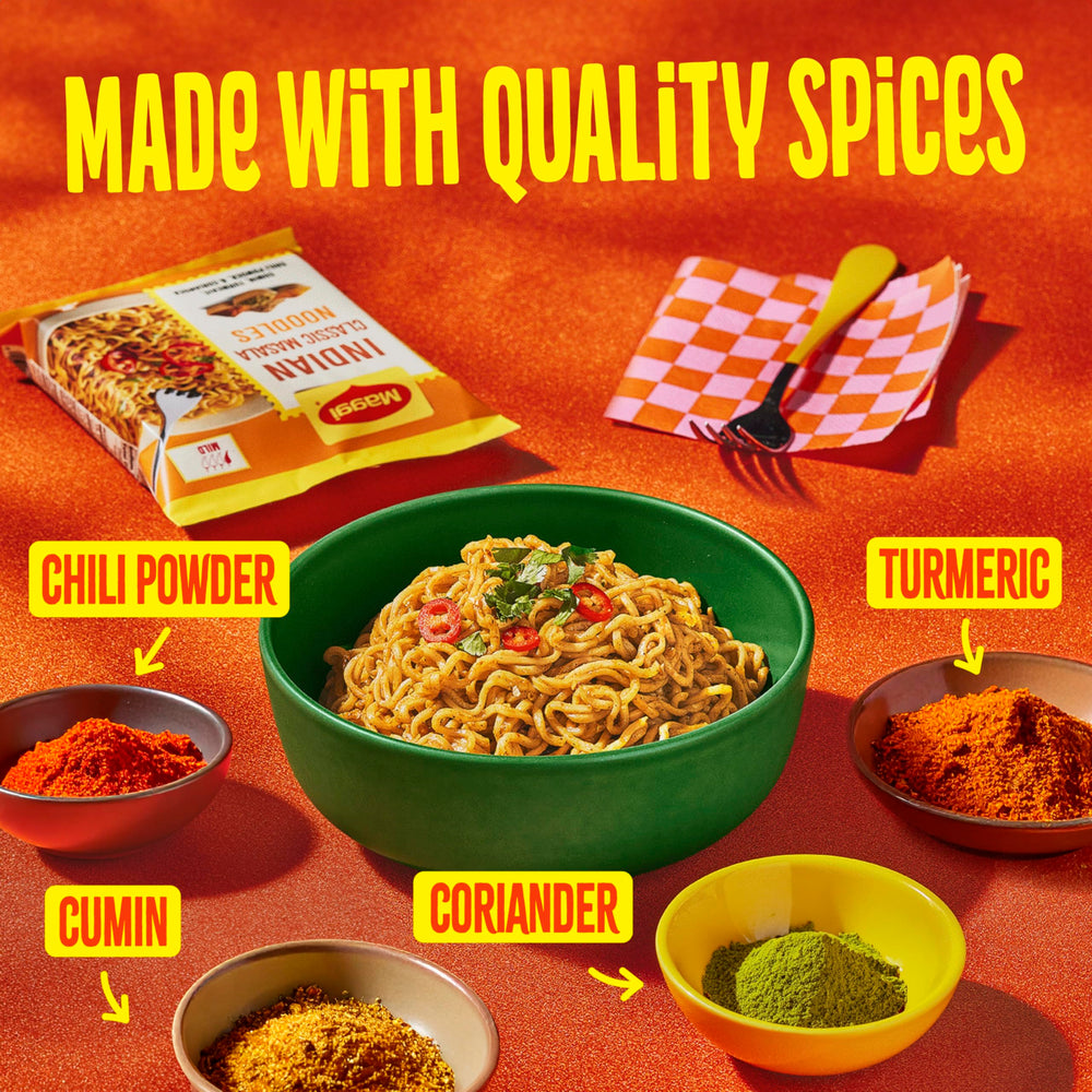 Maggi Indian Classic Masala noodles with veggies imply customizable protein and veg additions.