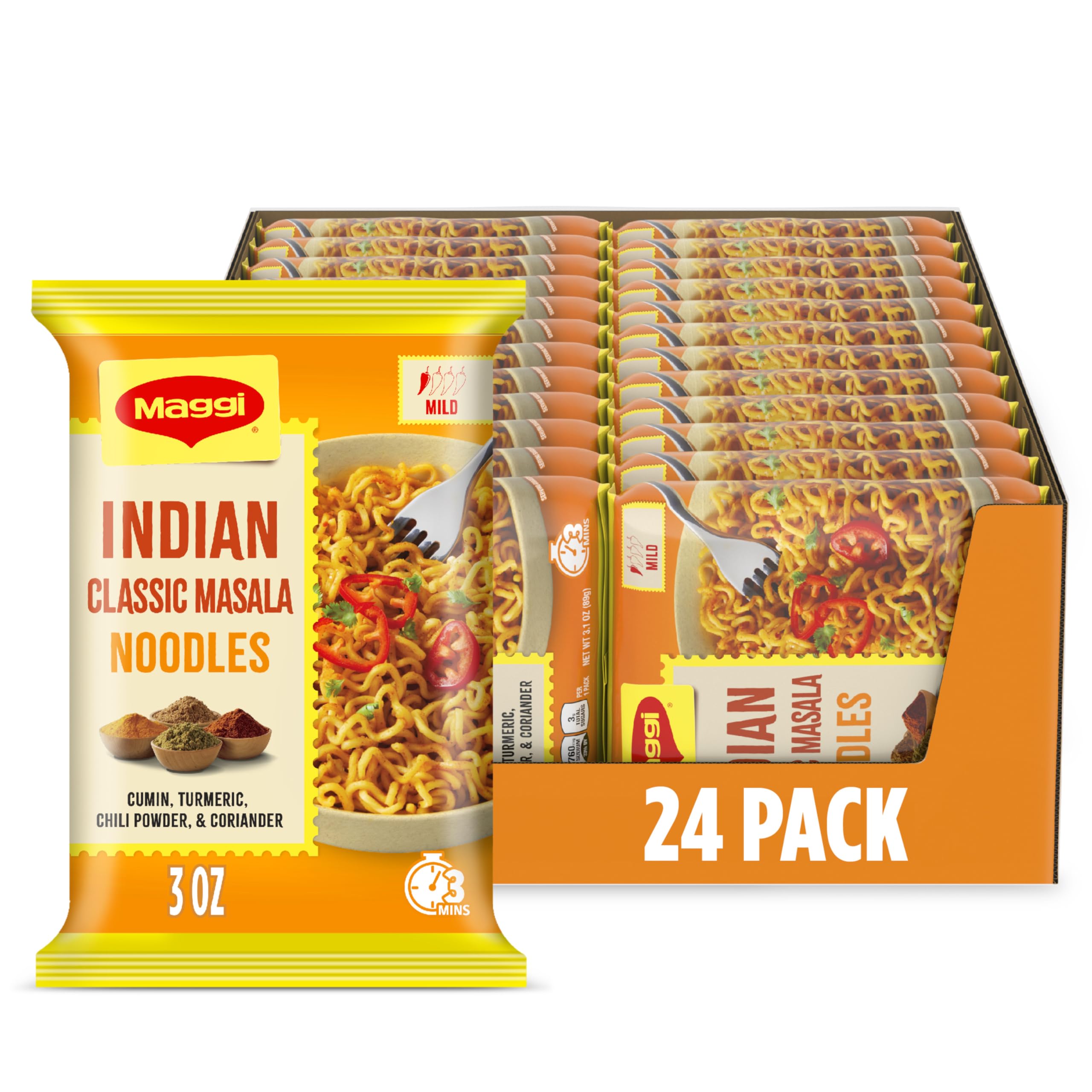 Maggi Indian Classic Masala pack shot highlighting convenient, quick meal option.
