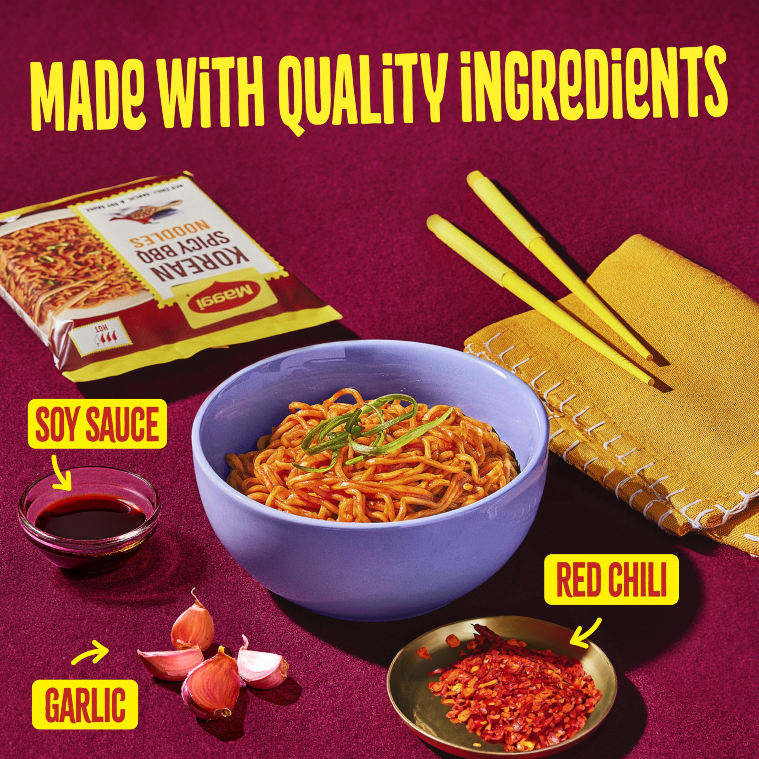 Maggi bowl with red chili ribbons and soy glaze boosts flavor