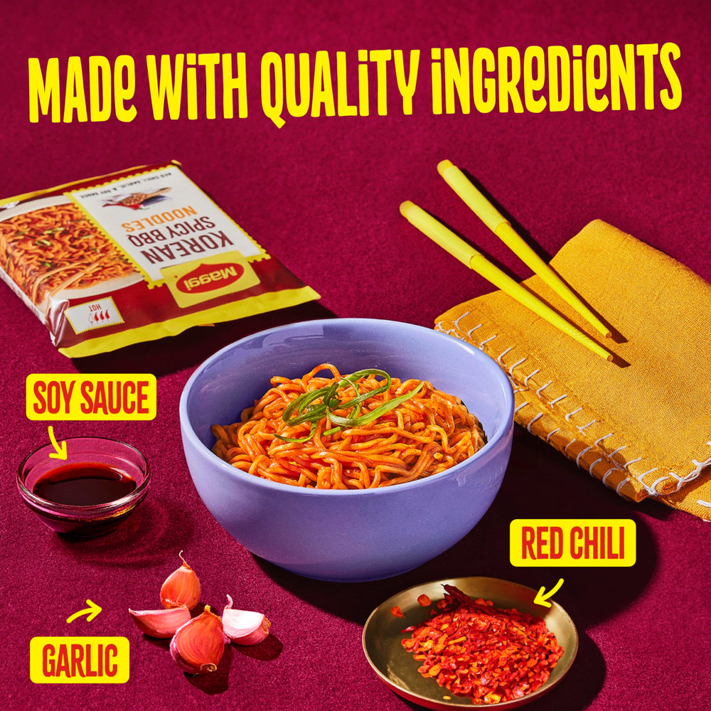 Maggi bowl with red chili ribbons and soy glaze boosts flavor