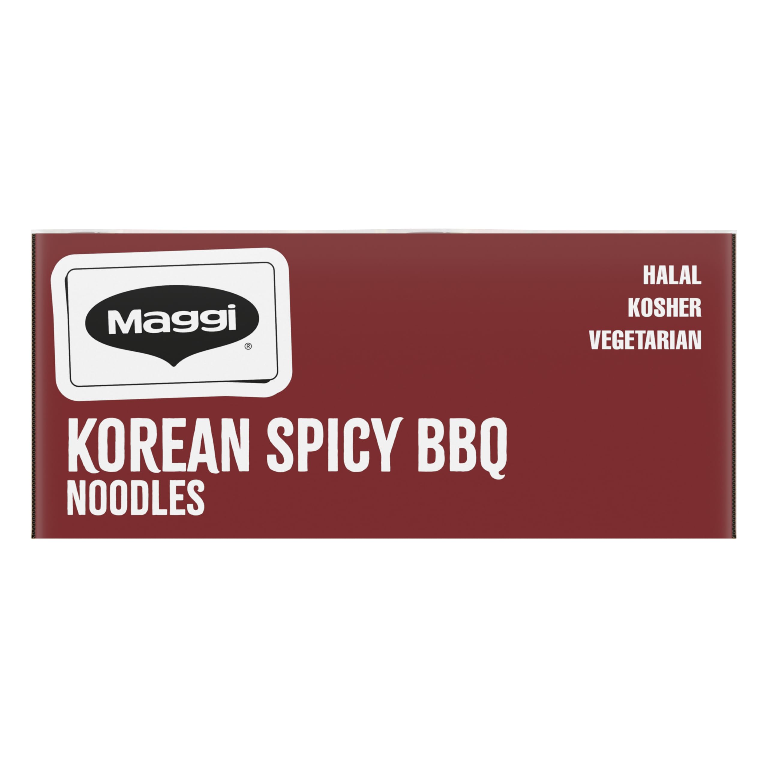 Maggi Korean Spicy BBQ Noodles show vegetarian, halal, kosher labels