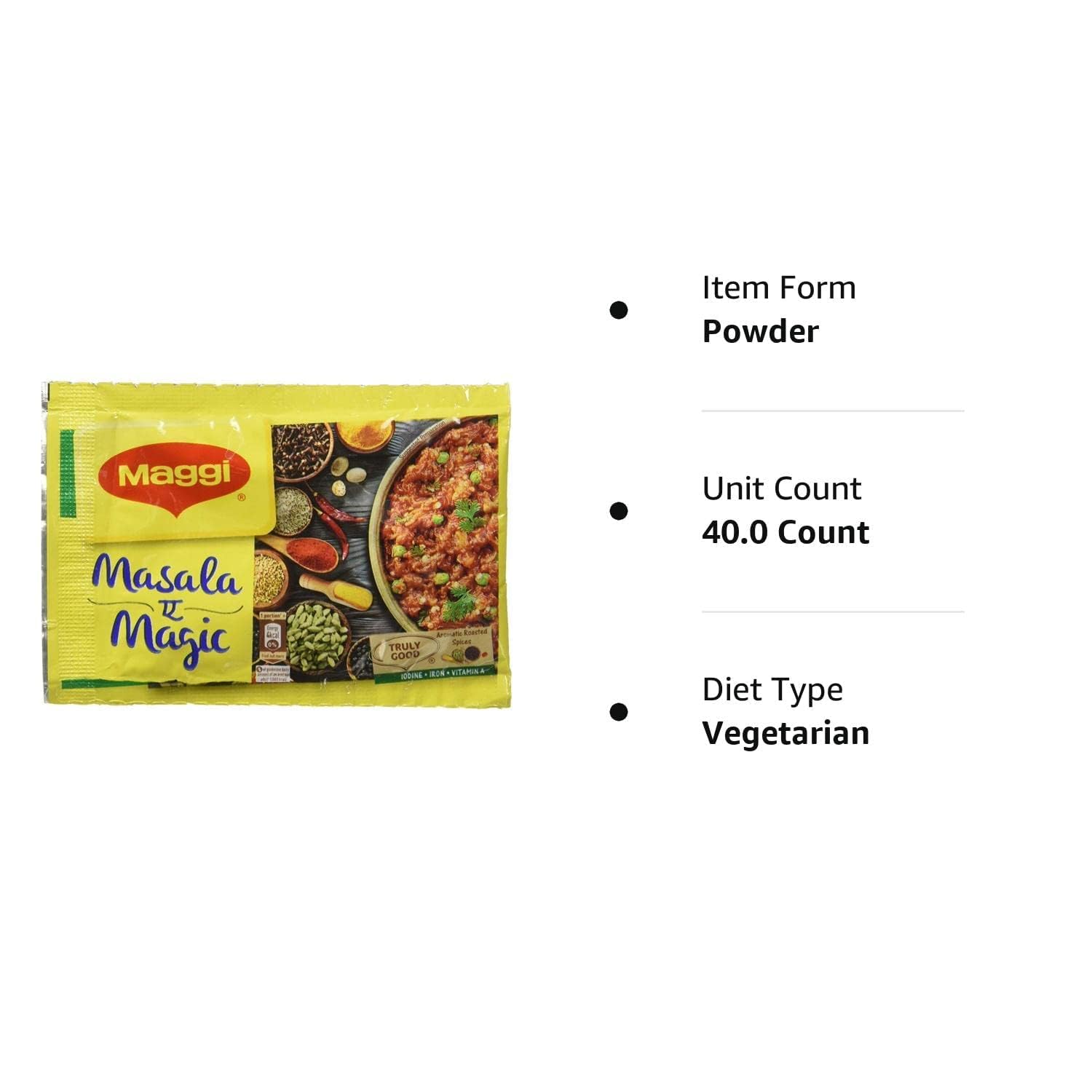 Inside packaging view shows Maggi Masala-ae-Magic sachets for quick seasoning.
