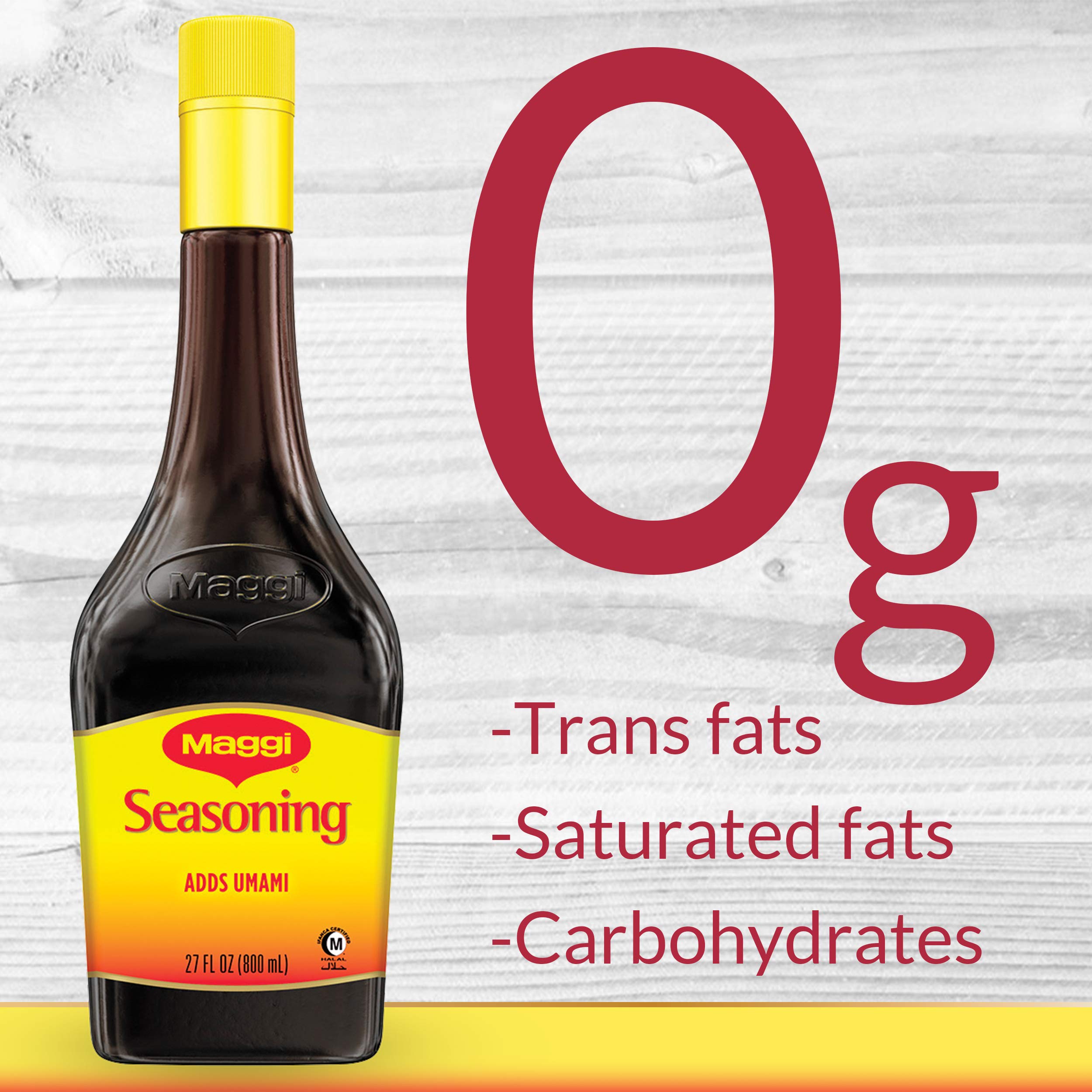 Maggi Seasoning no preservatives bottle adds savory depth to stews and sauces.