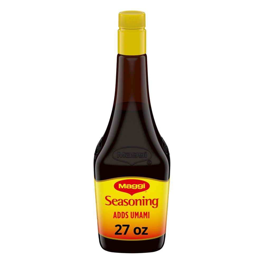 Maggi Seasoning roasted flavor bottle pour enhances meats and vegetables.