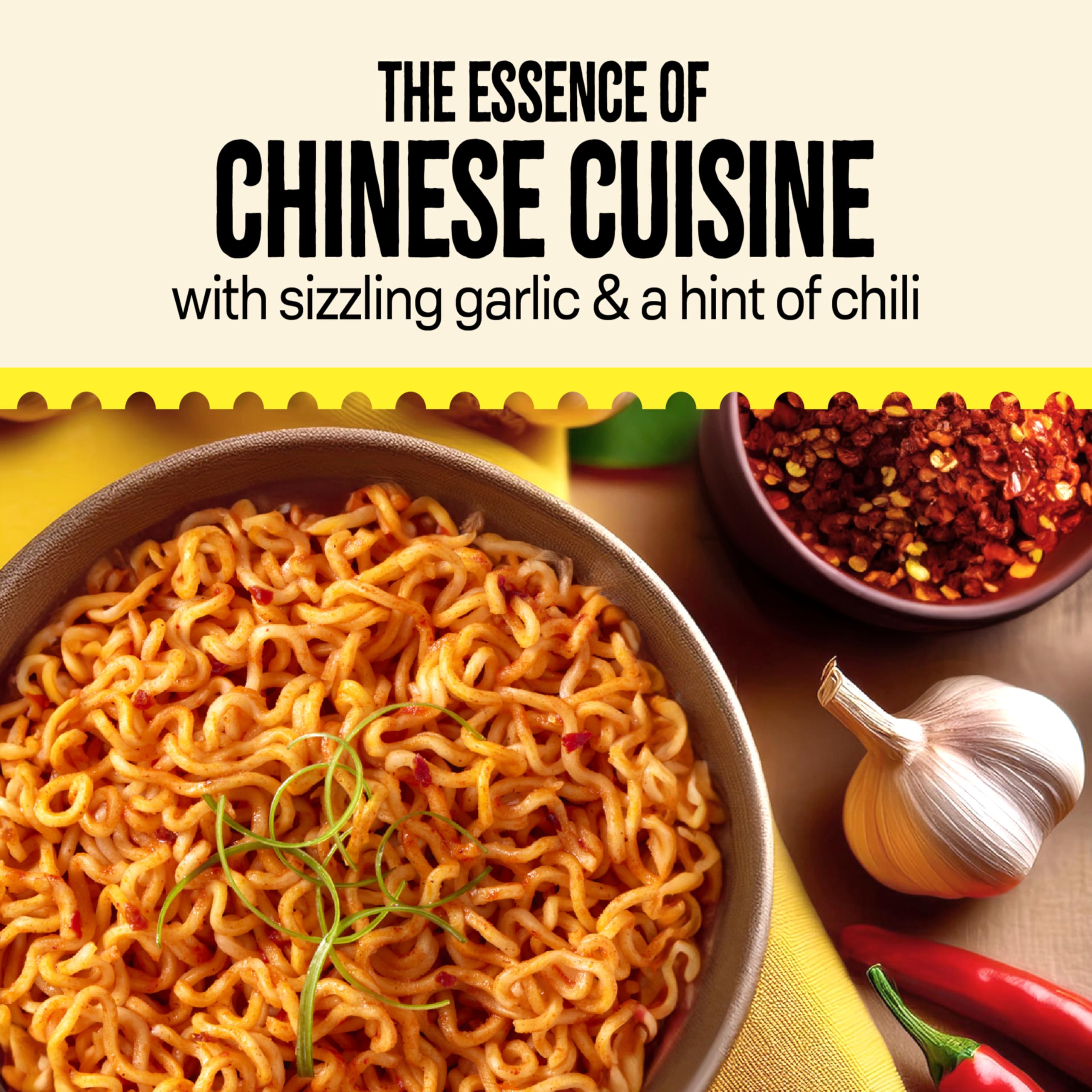 Maggi noodles closeup with red chili flakes highlighting balanced heat and garlic flavor.