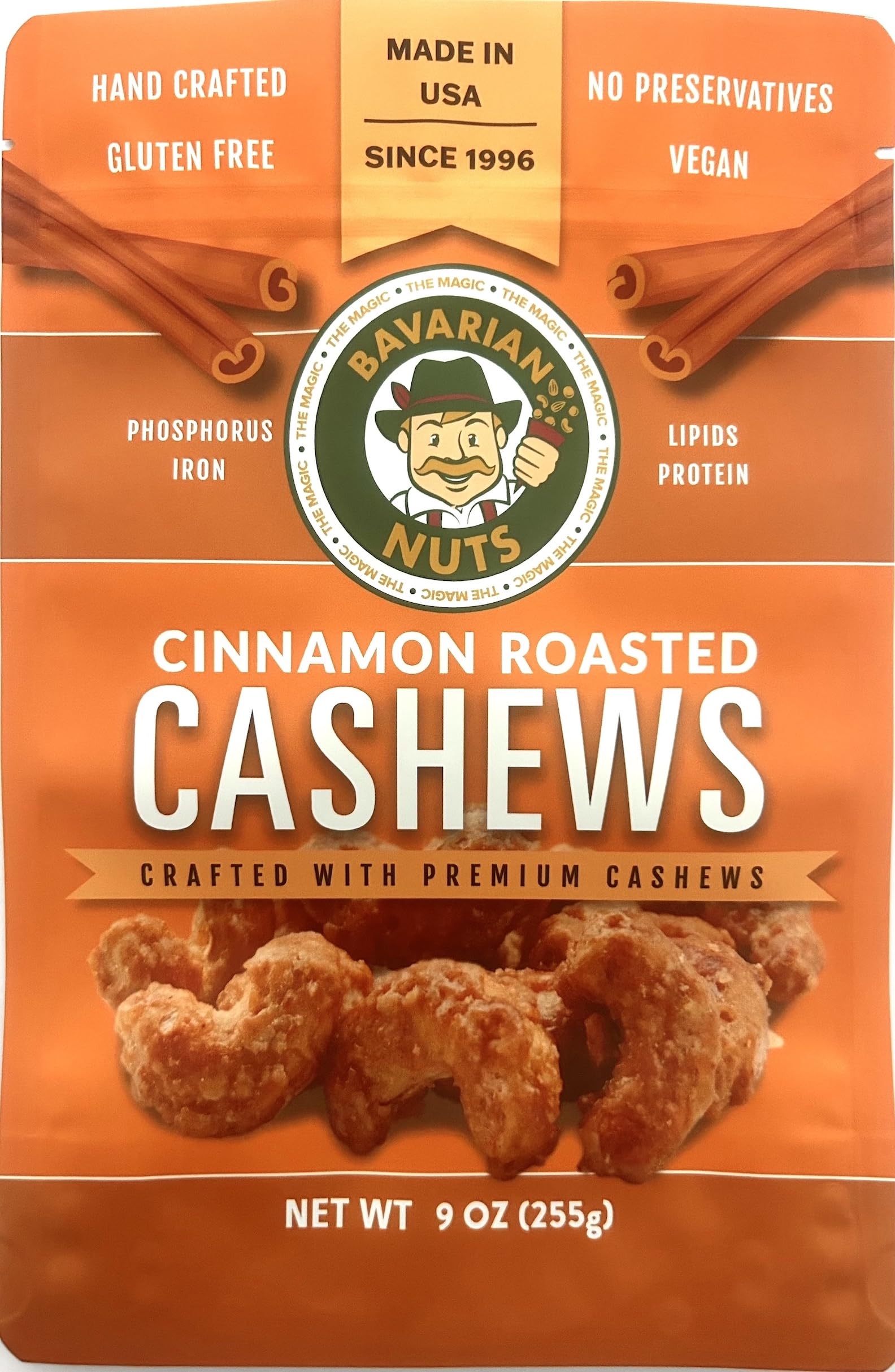 The Magic Bavarian Cinnamon Roasted Cashews jar close-up with rich coating.