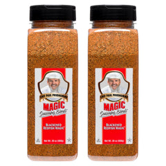 Magic Seasoning Blends blackened redfish bottle close-up for bold, smoky seafood flavor.