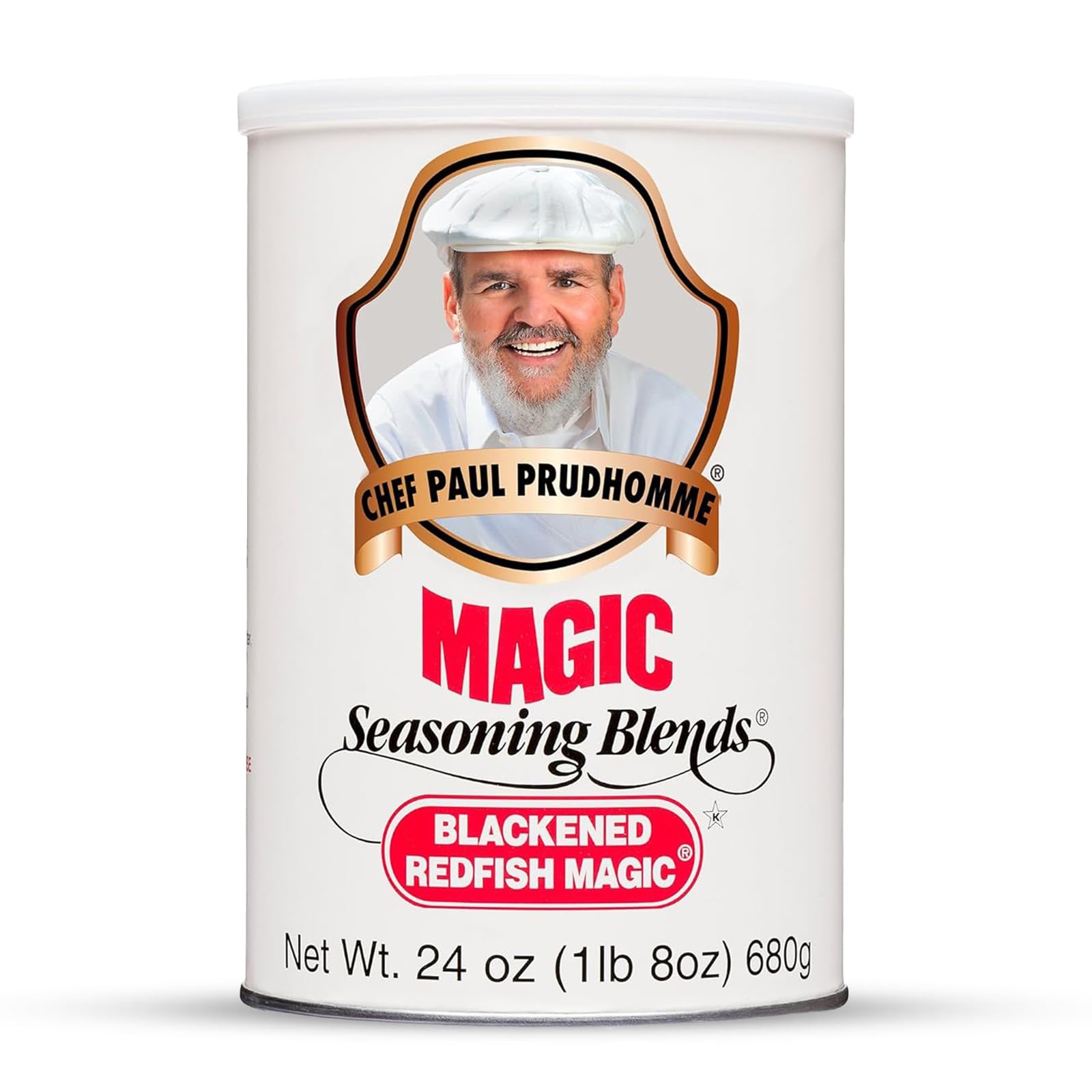 Magic Seasoning Blends Blackened Redfish Magic canister on display, delivering bold Louisiana flavor for seafood.