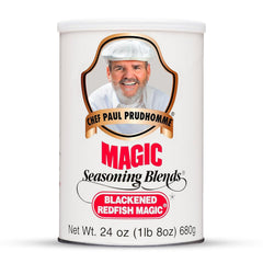 Magic Seasoning Blends Blackened Redfish Magic canister on display, delivering bold Louisiana flavor for seafood.