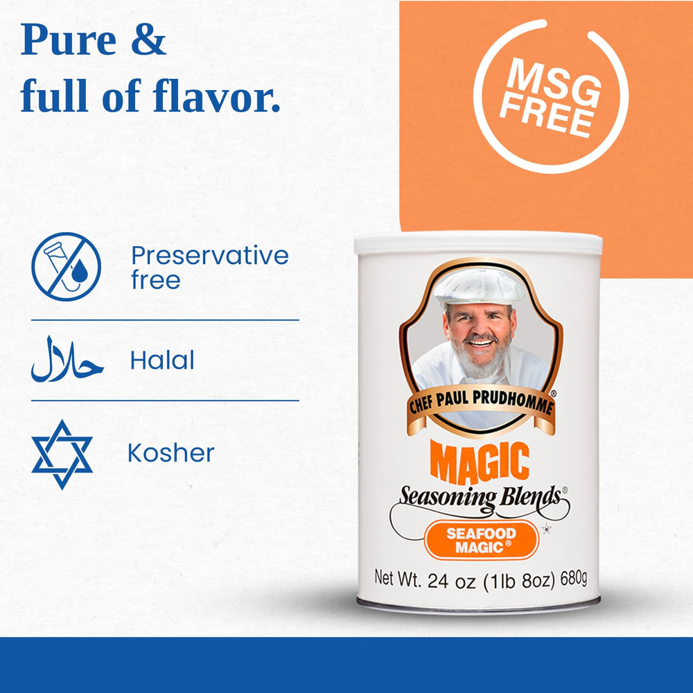 Label closeup of Magic Seasoning Blends Seafood Magic showing gluten-free claim