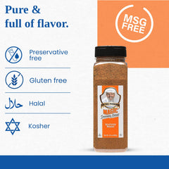 Magic Seasoning Blends Seafood Magic label highlights gluten-free and MSG-free seasoning.