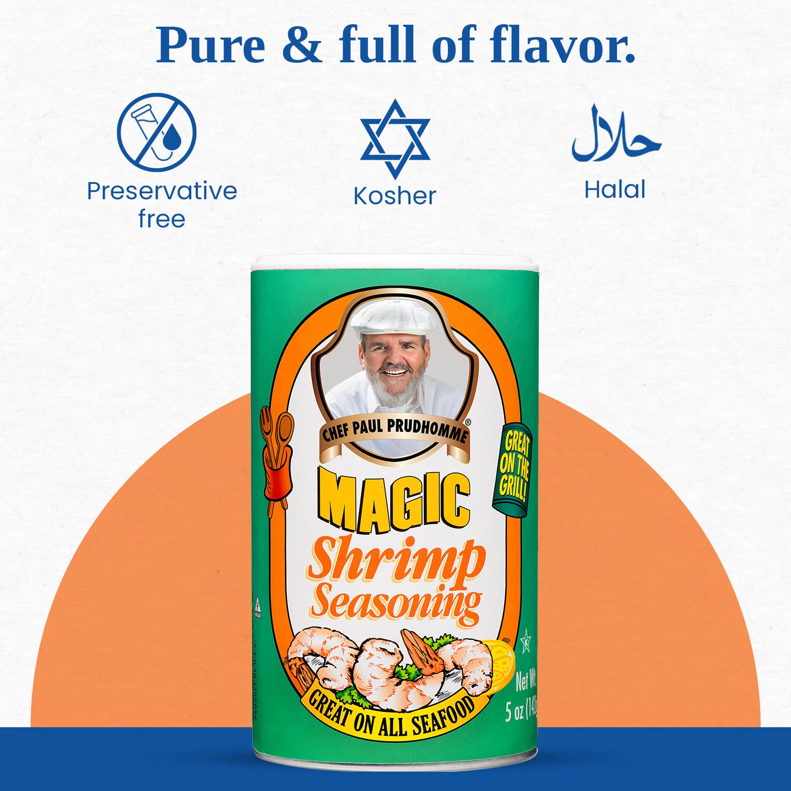 Magic Seasoning Blends Shrimp spice jar close-up highlighting gluten-free option.