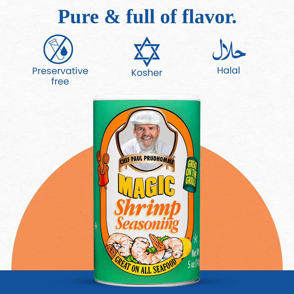 Magic Seasoning Blends Shrimp spice jar close-up highlighting gluten-free option.