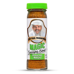 Magic Seasonings Poultry Magic bottle on shelf shows gluten-free, MSG-free flavor potential.