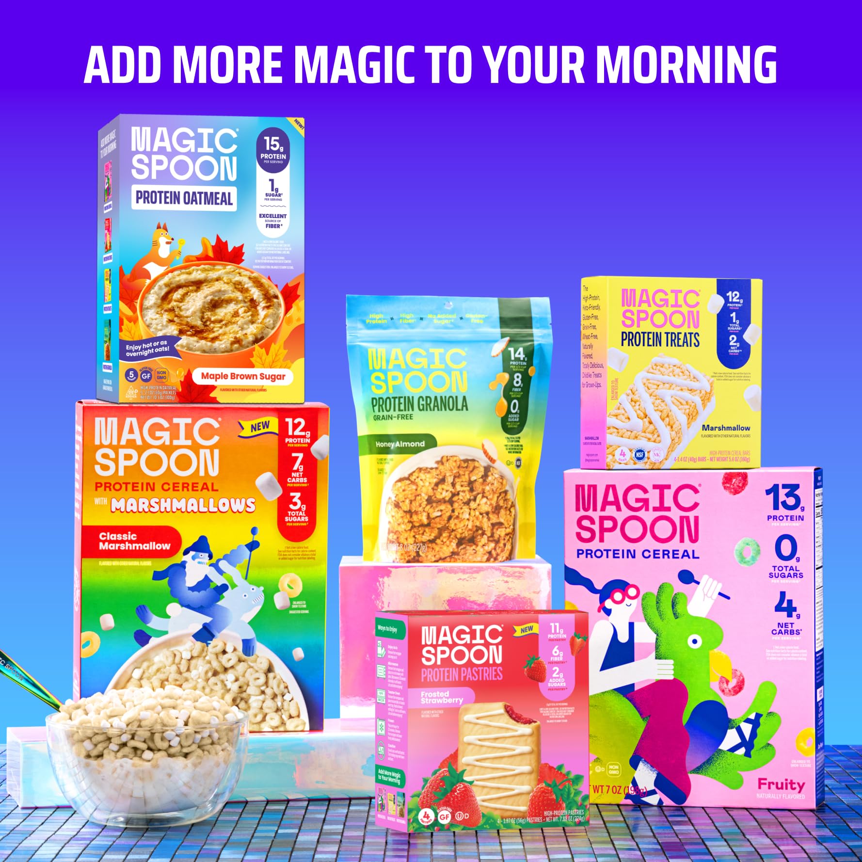 Open pack spread of 30 Magic Spoon pouches illustrating bulk value and portability
