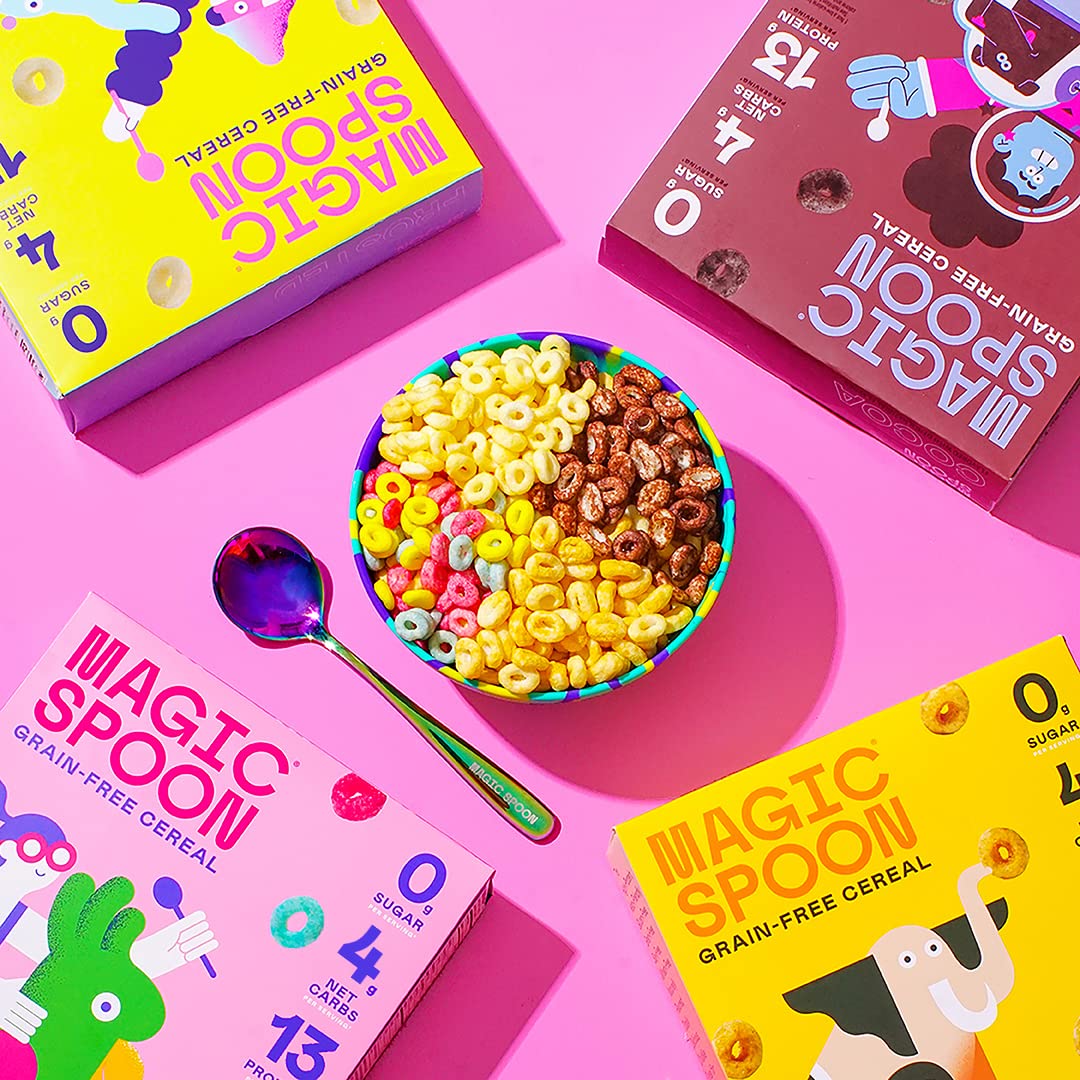 Magic Spoon bowl with milk captures the cereal's crisp texture.