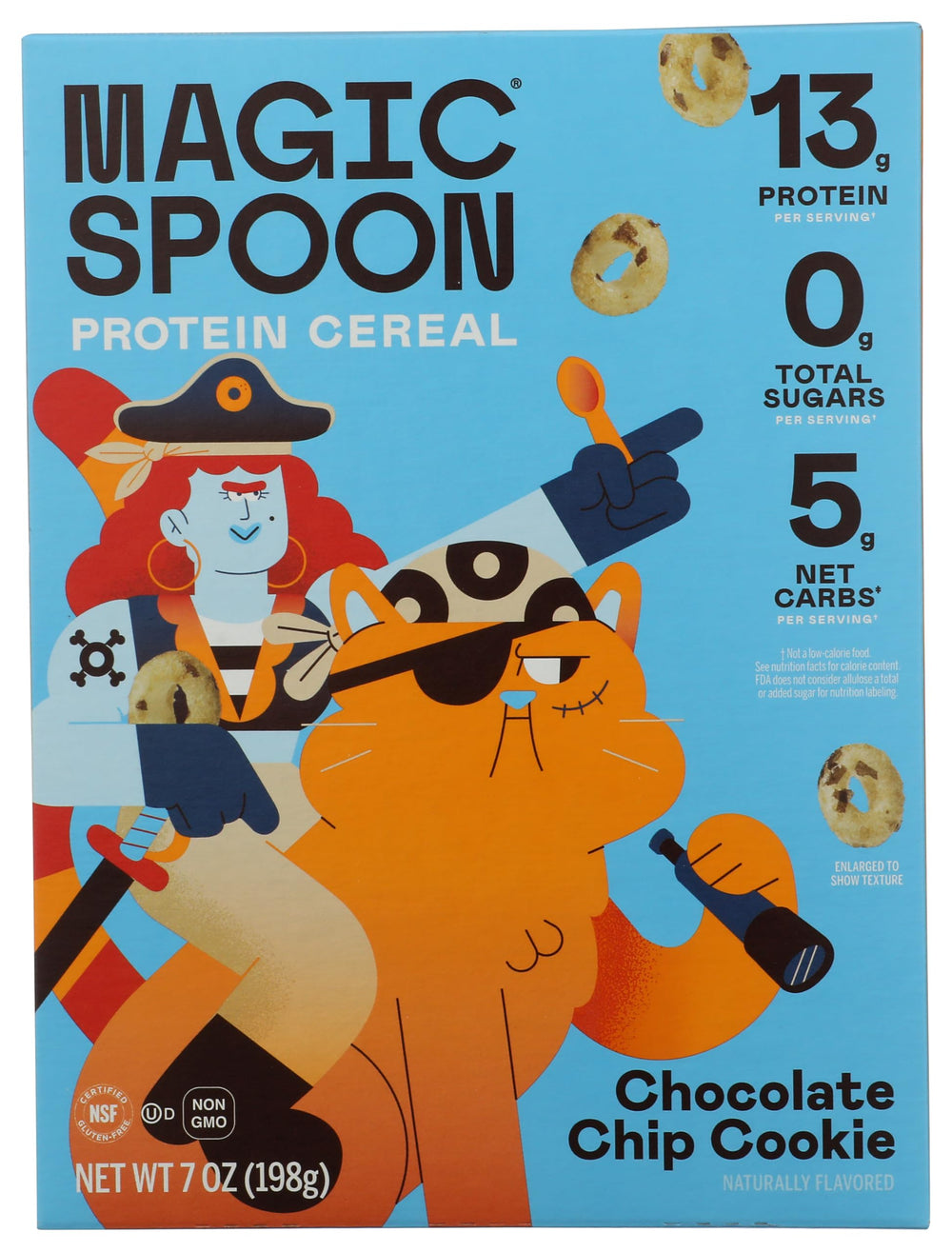 magic spoon front packaging showing choc chip cookie cereal and benefits