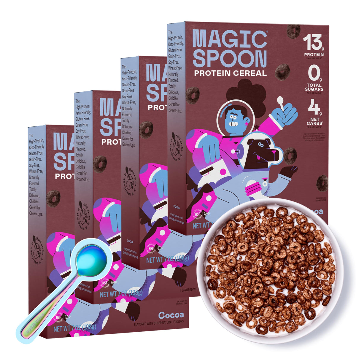 Magic Spoon Cocoa cereal bowl showing crispy texture and zero added sugar for breakfast