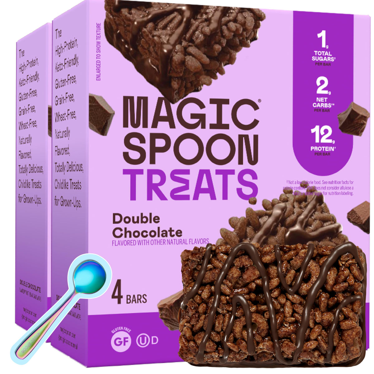 Magic Spoon box front view showing Double Chocolate bars and high protein benefit