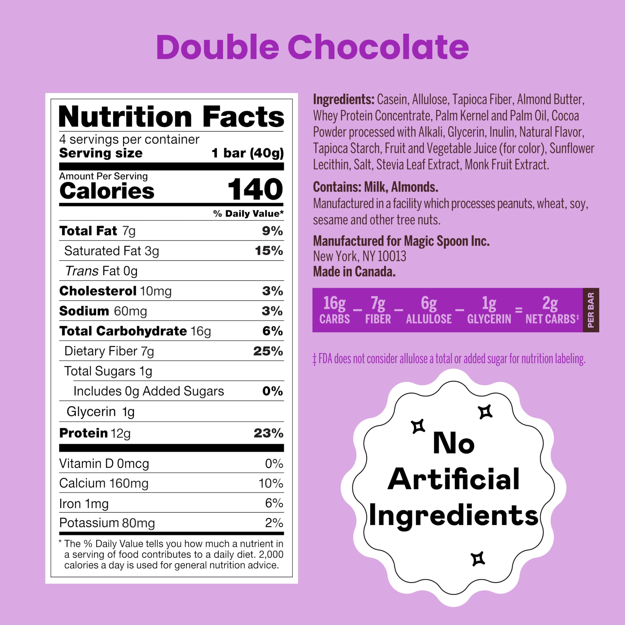 Magic Spoon nutrition label for Double Chocolate emphasizing low carbs and protein
