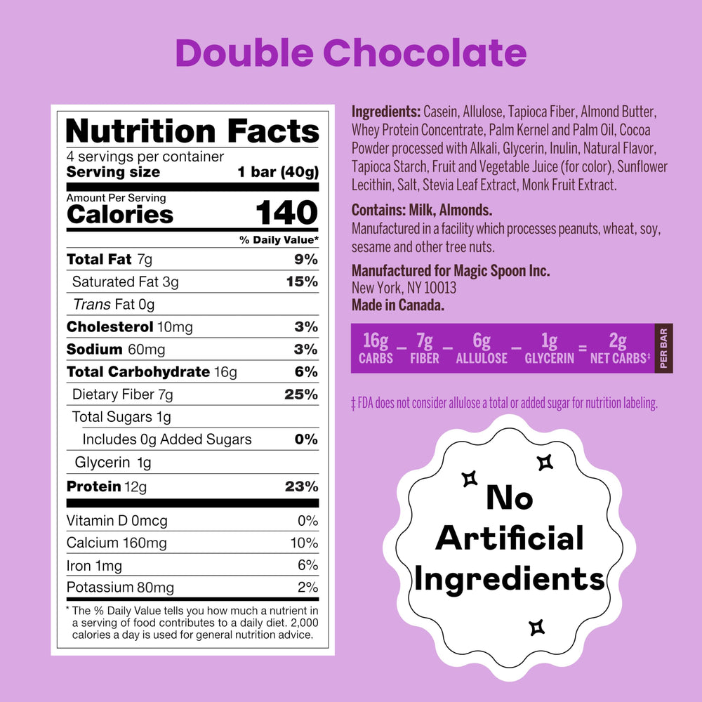 Magic Spoon nutrition label for Double Chocolate emphasizing low carbs and protein