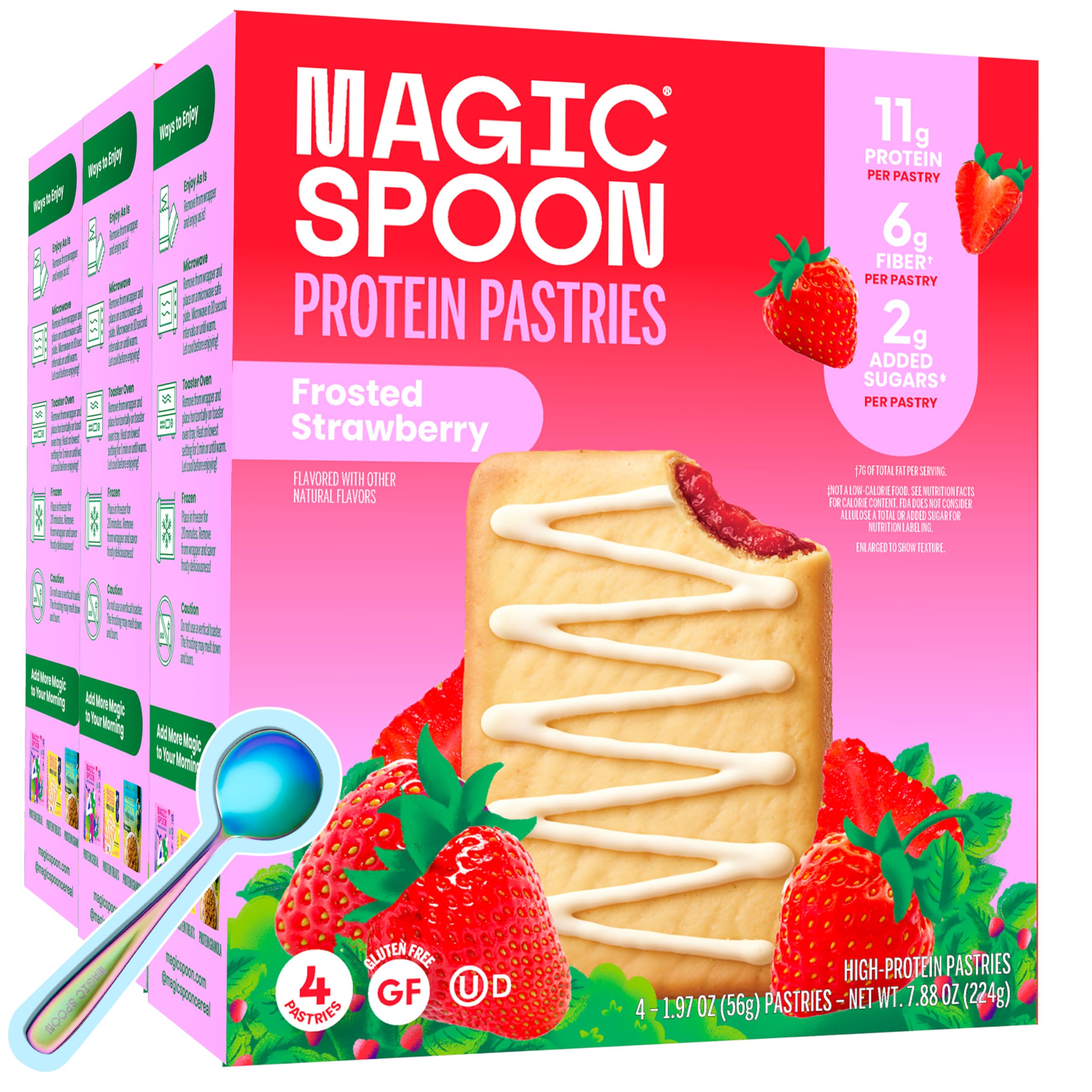 Magic Spoon front pack showing three-box bundle and frosted strawberry design for visual appeal
