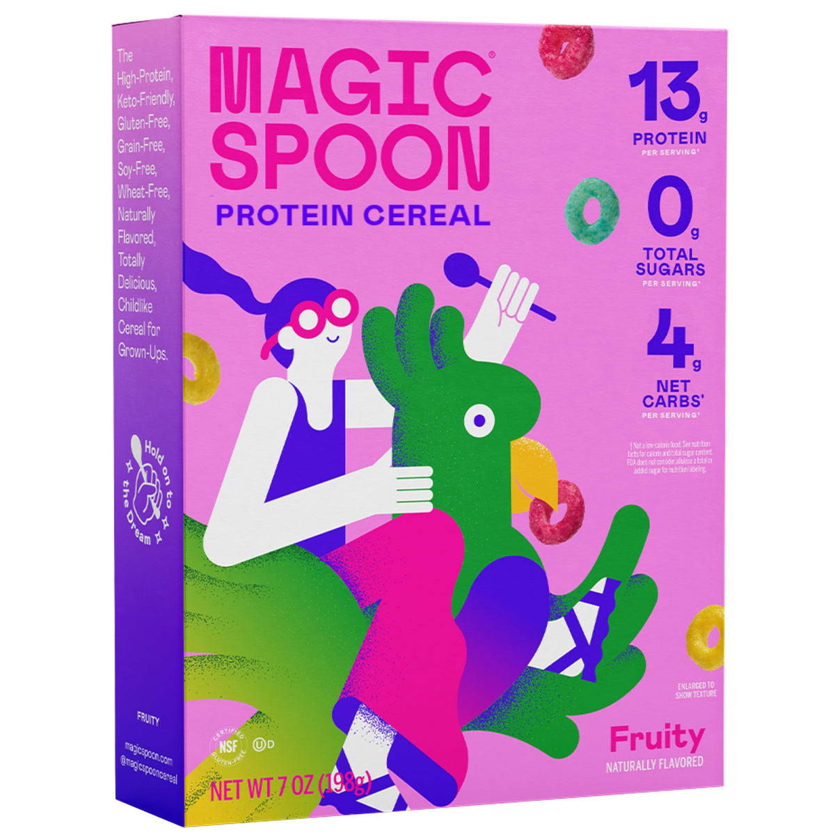 Magic Spoon Fruity 7oz box on the counter highlights a high-protein breakfast.