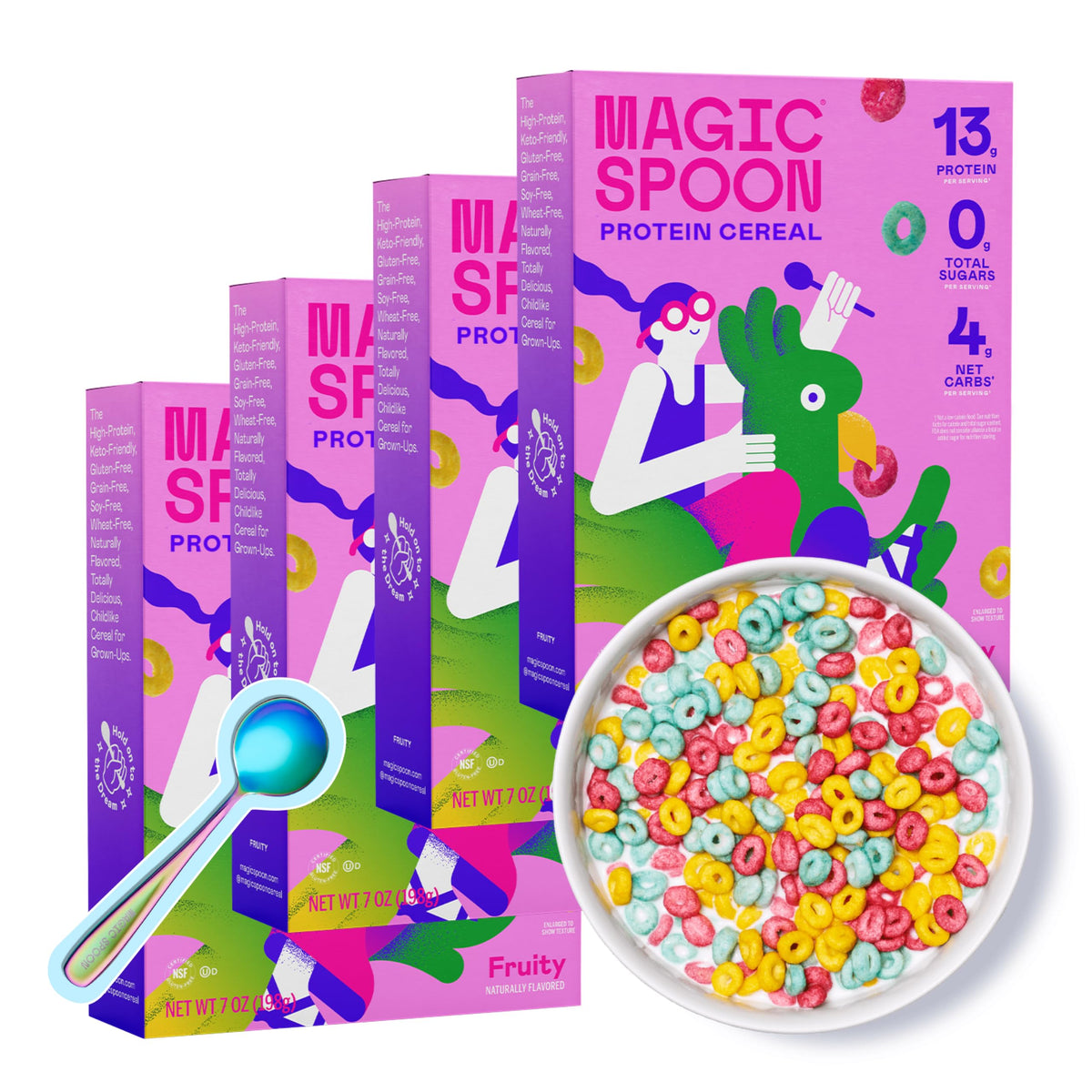 Magic Spoon Fruity cereal bowl with high-protein crunch for breakfast.
