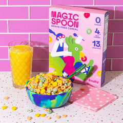 Magic Spoon Fruity cereal box highlighting gluten-free and grain-free formula.
