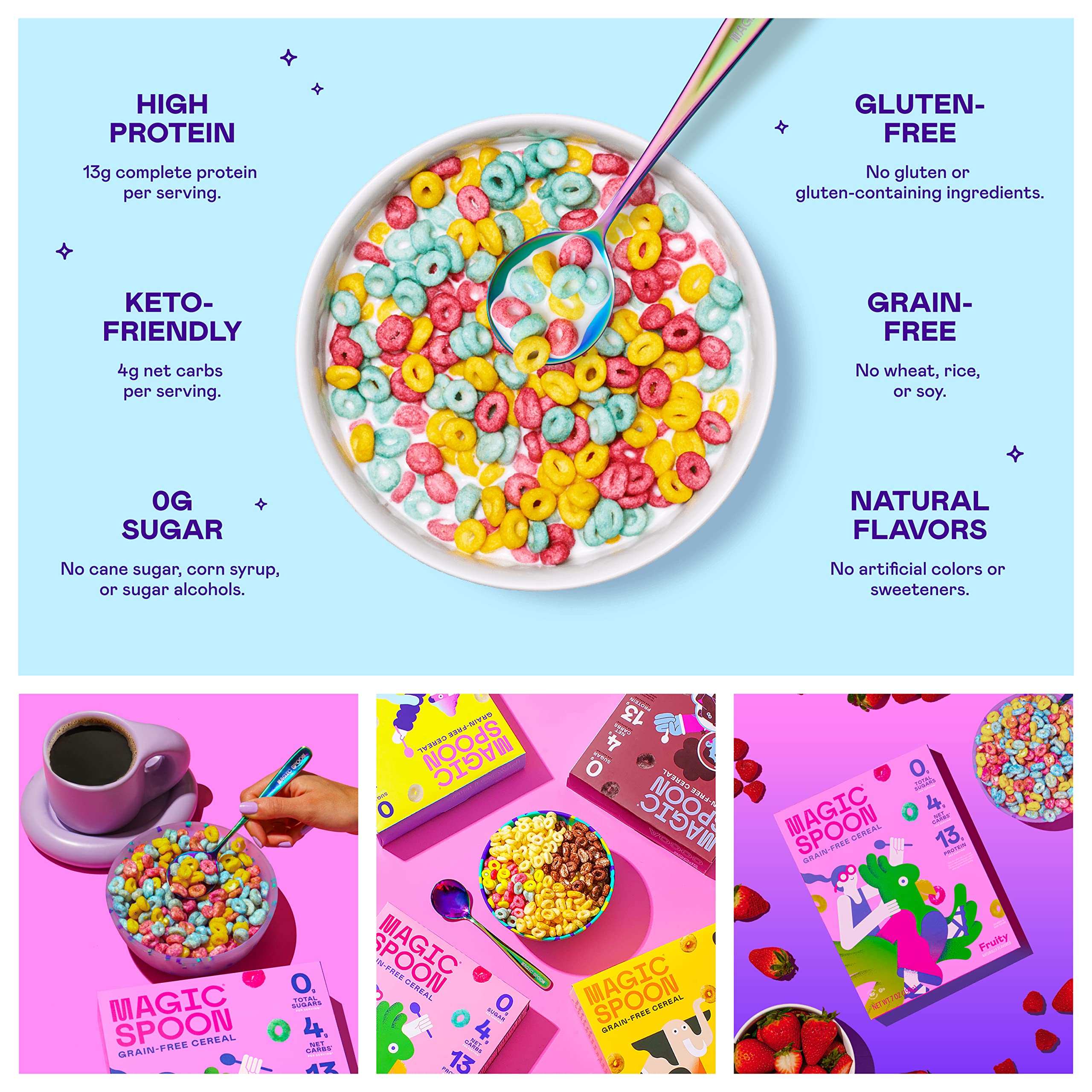 Magic Spoon Fruity cereal serving scoop highlights protein-boosting crunch.