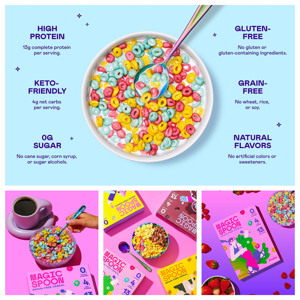 Magic Spoon Fruity cereal serving scoop highlights protein-boosting crunch.