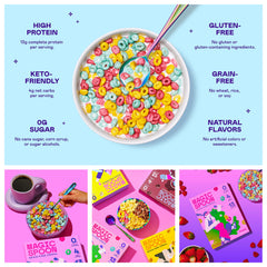 Magic Spoon Fruity cereal serving scoop highlights protein-boosting crunch.
