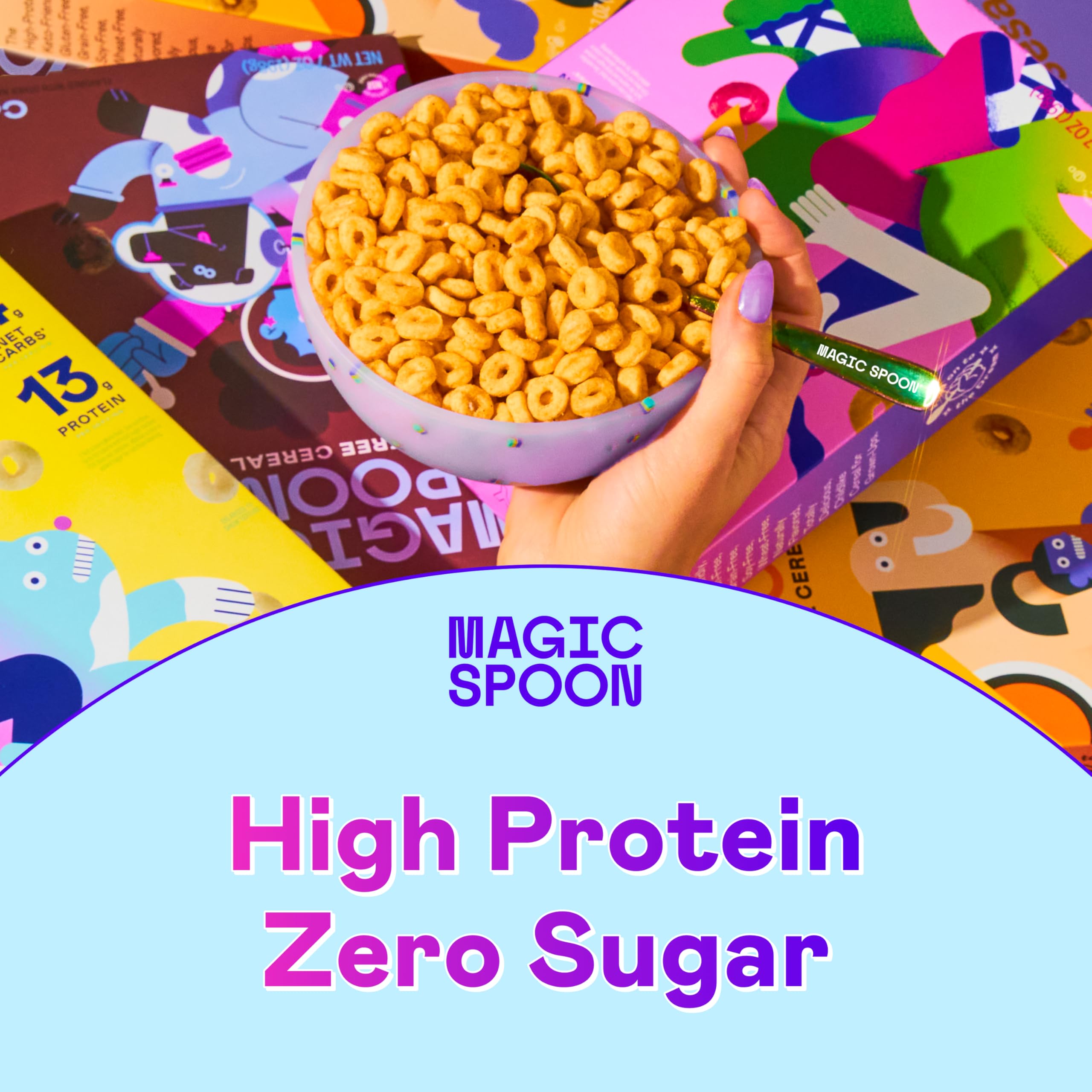 Magic Spoon Fruity kitchen counter display showcases low carb option.