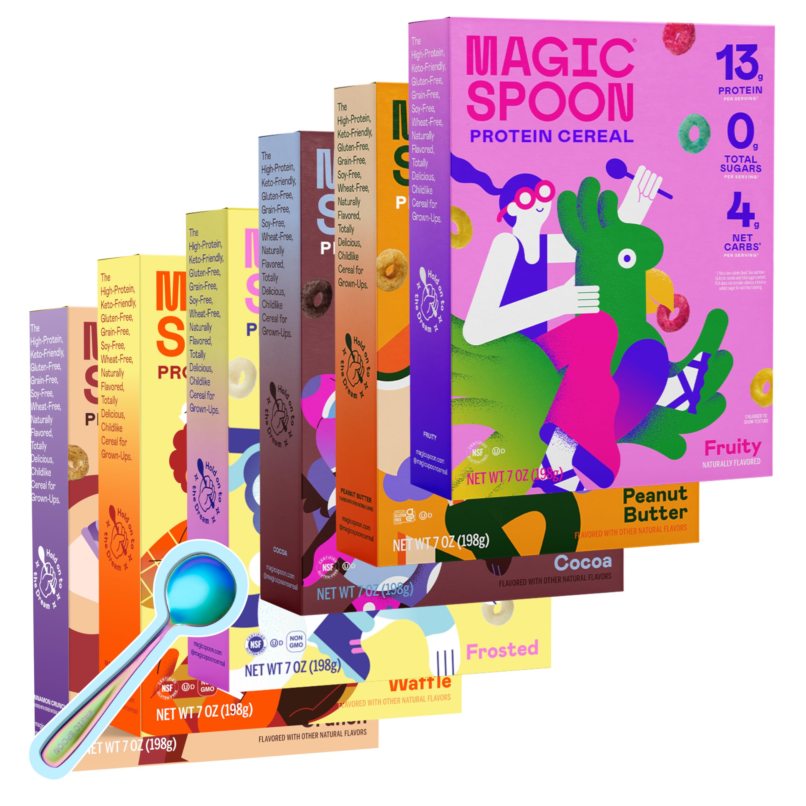Magic Spoon Fruity pack shows a colorful box for a high-protein gluten-free breakfast
